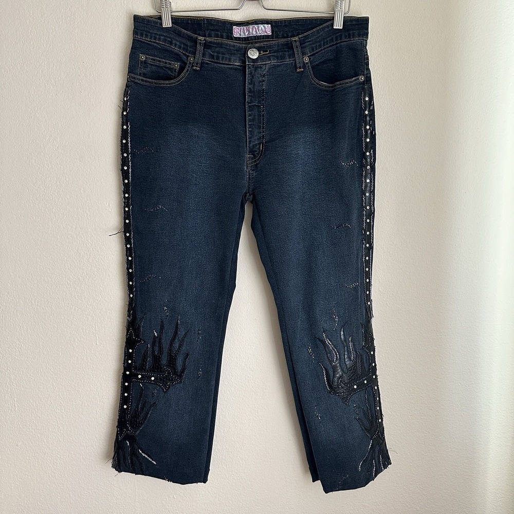 Sassy Nice Embellished Jeans Womens 14 Blue Beaded Flame Applique Cropped Hemmed
